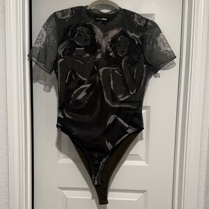 Fashion Nova Black Graphic Mesh Bodysuit
